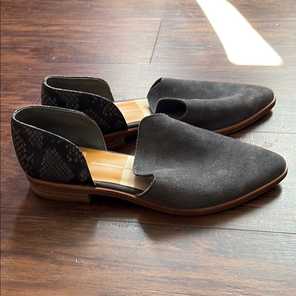 Women’s Black Suede D’Orsay Flats with Snakeskin Heel Accent